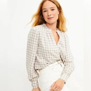 LOFT Tan and White Shimmer Plaid Blouse